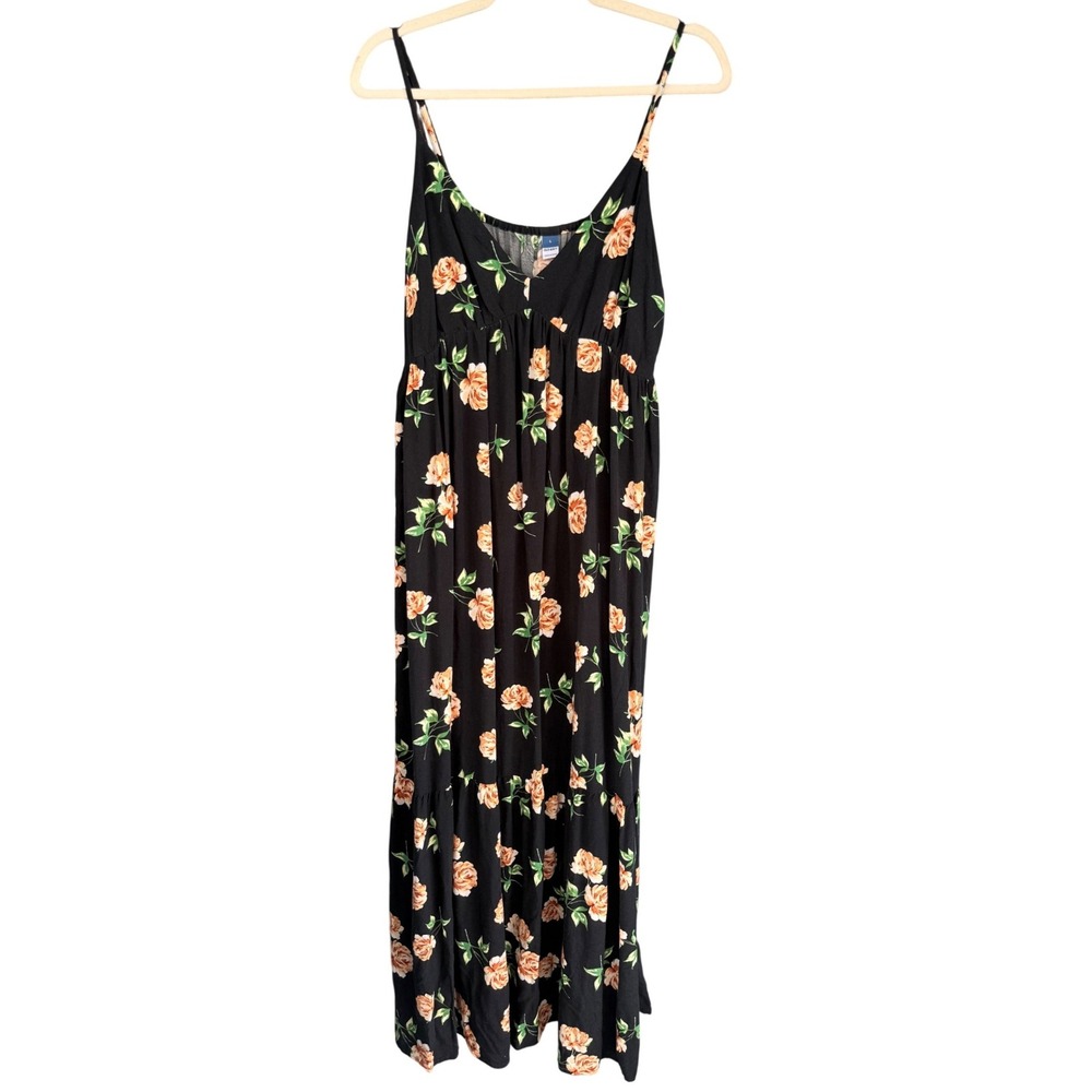 Old Navy Womens Black Floral Rose Maxi Dress Adjustable Straps Pockets Large